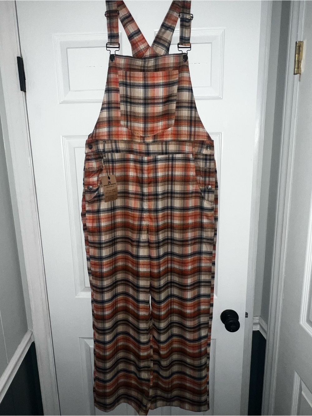 Plaid Strap Overalls in Orange and Tan